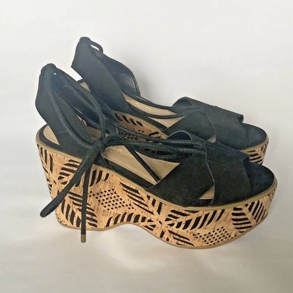 Sbicca Staycation Sandal Women Size 7 Black Leather Ankle Lace Up Platform Wedge - Picture 4 of 11